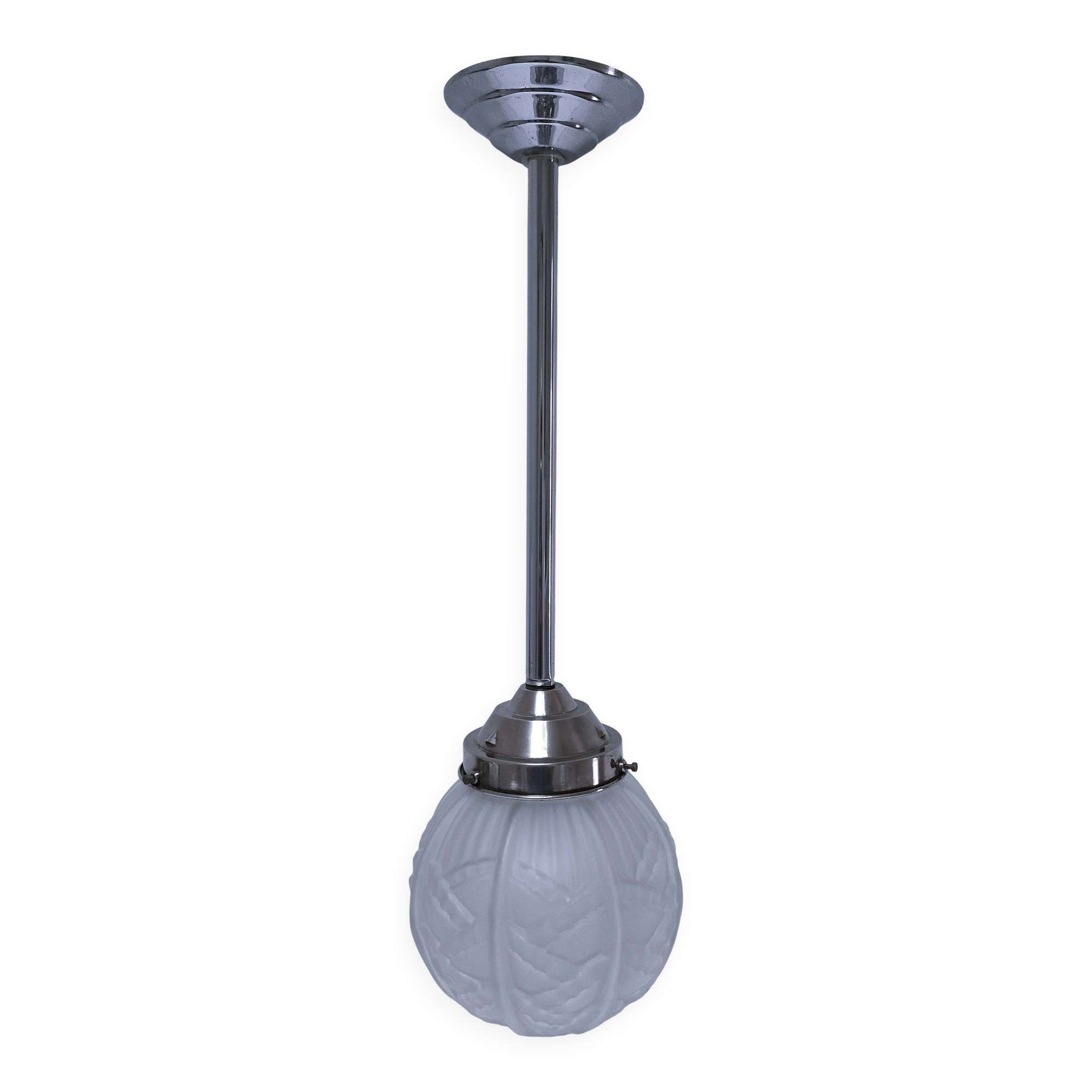 art deco pendant light with molded glass and chrome-plated metal frame