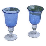 Two large wine glasses in blown and bubbled glass, duo line, vintage