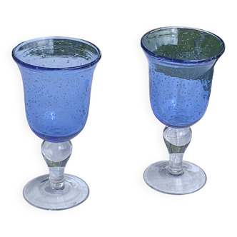 Two large wine glasses in blown and bubbled glass, duo line, vintage