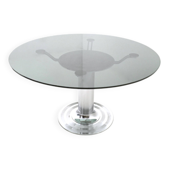 Postmodern Chromed Metal Dining Table with a Round Tempered Glass Top, Italy