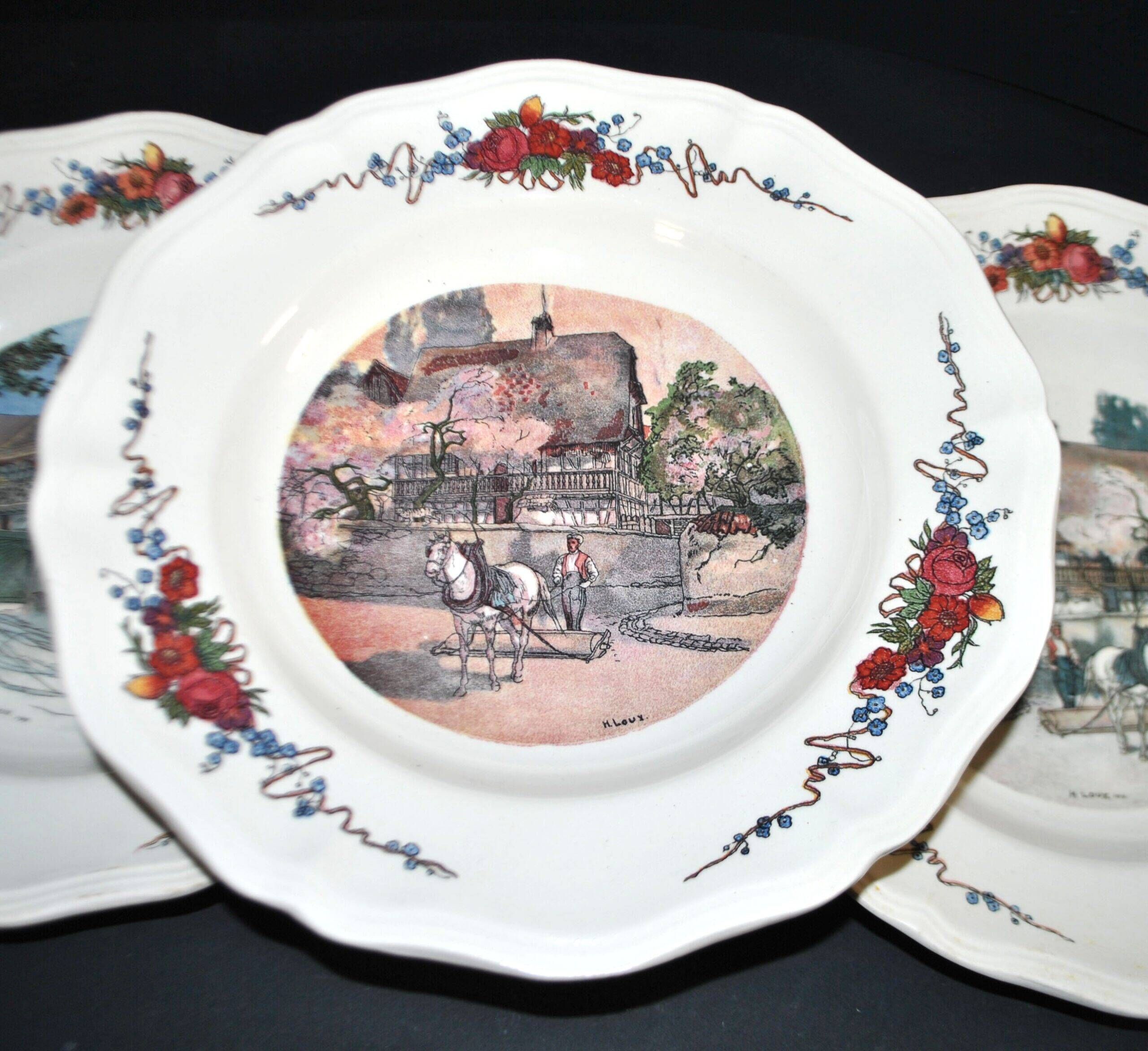 Sarreguemines set of 6 flat plates Obernai village Alsace by Loux