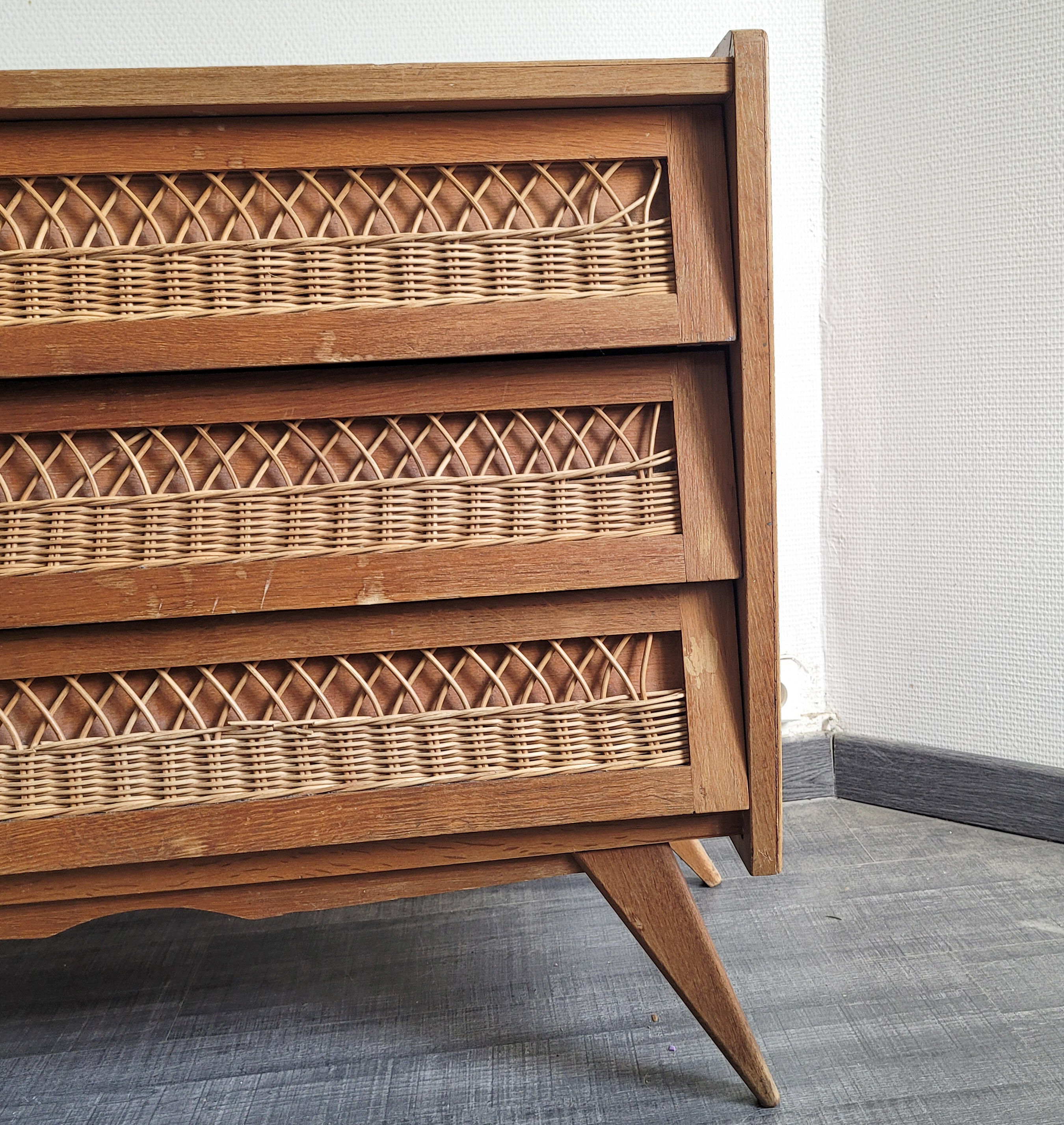 Wooden chest of drawers and vintage rattan