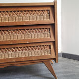 Wooden chest of drawers and vintage rattan