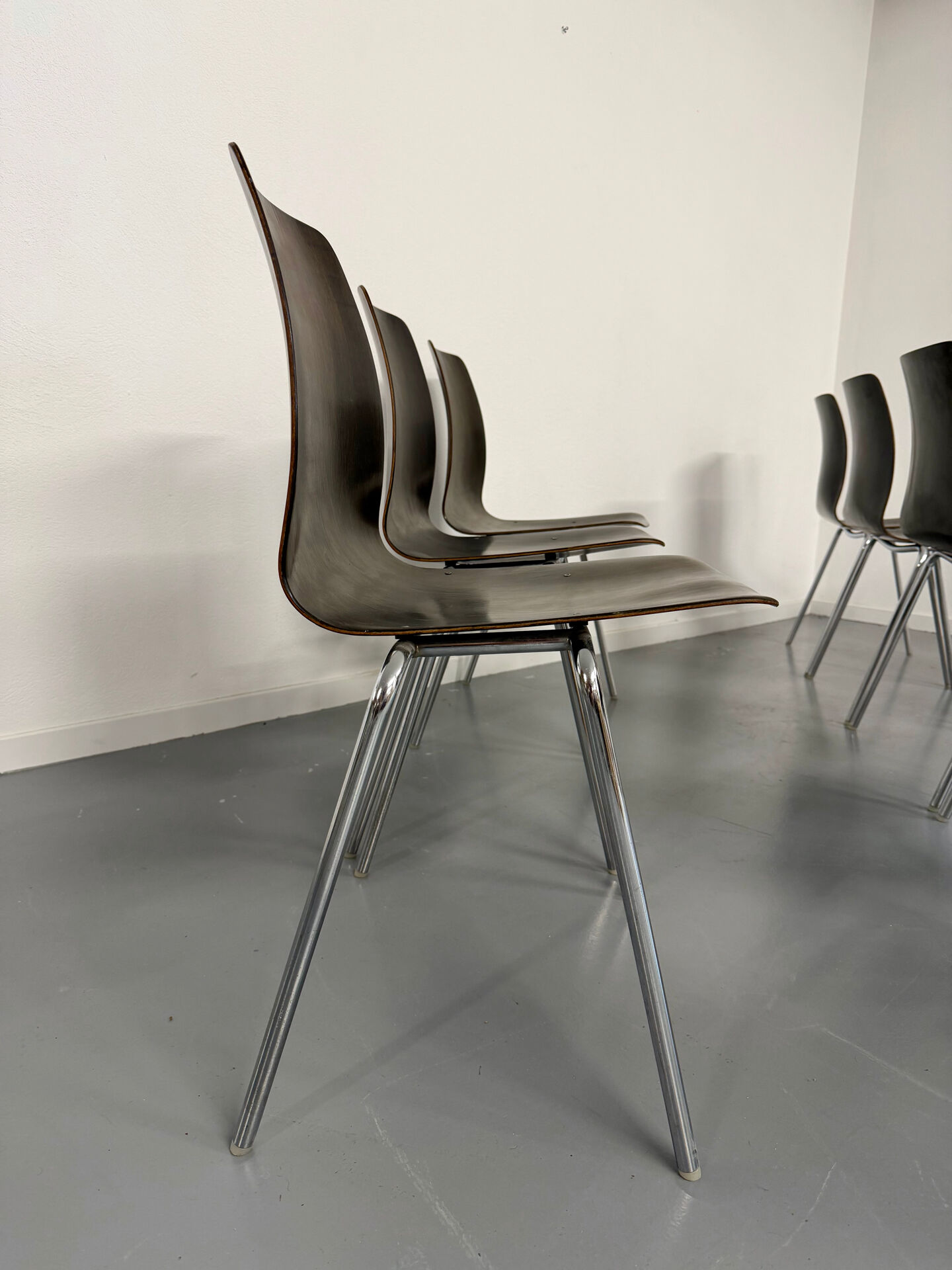Set of 32 wooden and chrome chairs, Pagholz design from the 80s, vintage Pagwood.
