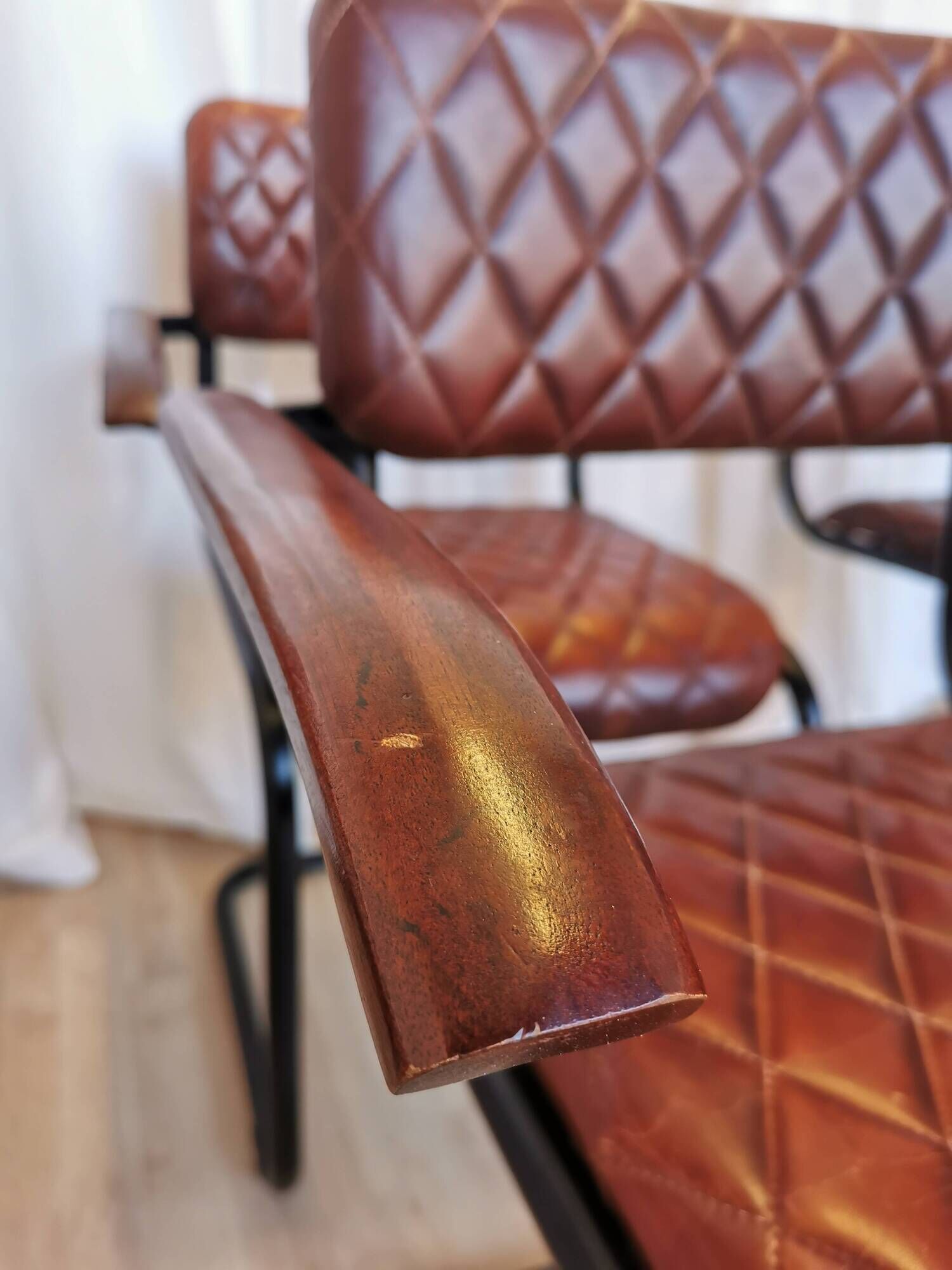 Set of 6 Vintage Cognac Leather Dining Chairs: Quilted Industrial Armchair