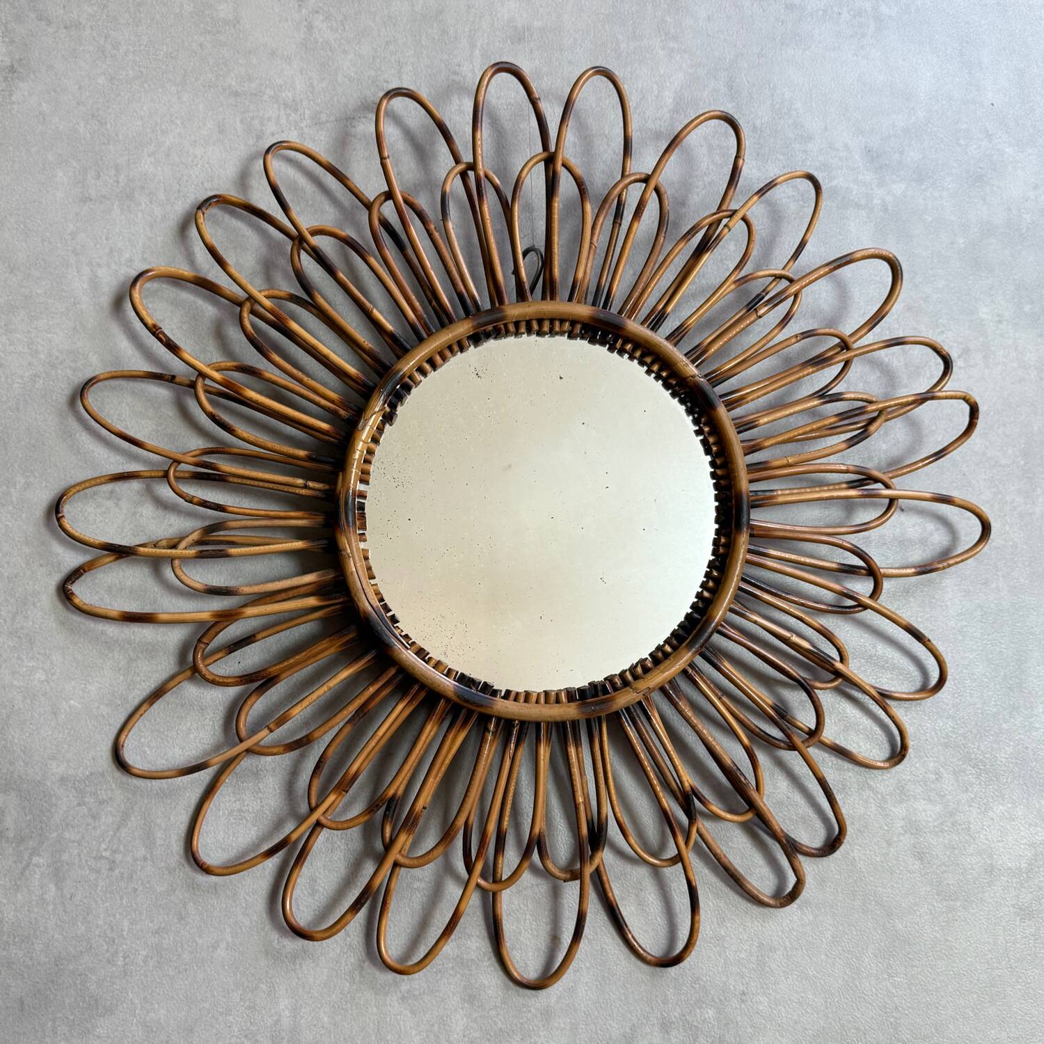 1950s French rattan sun mirror