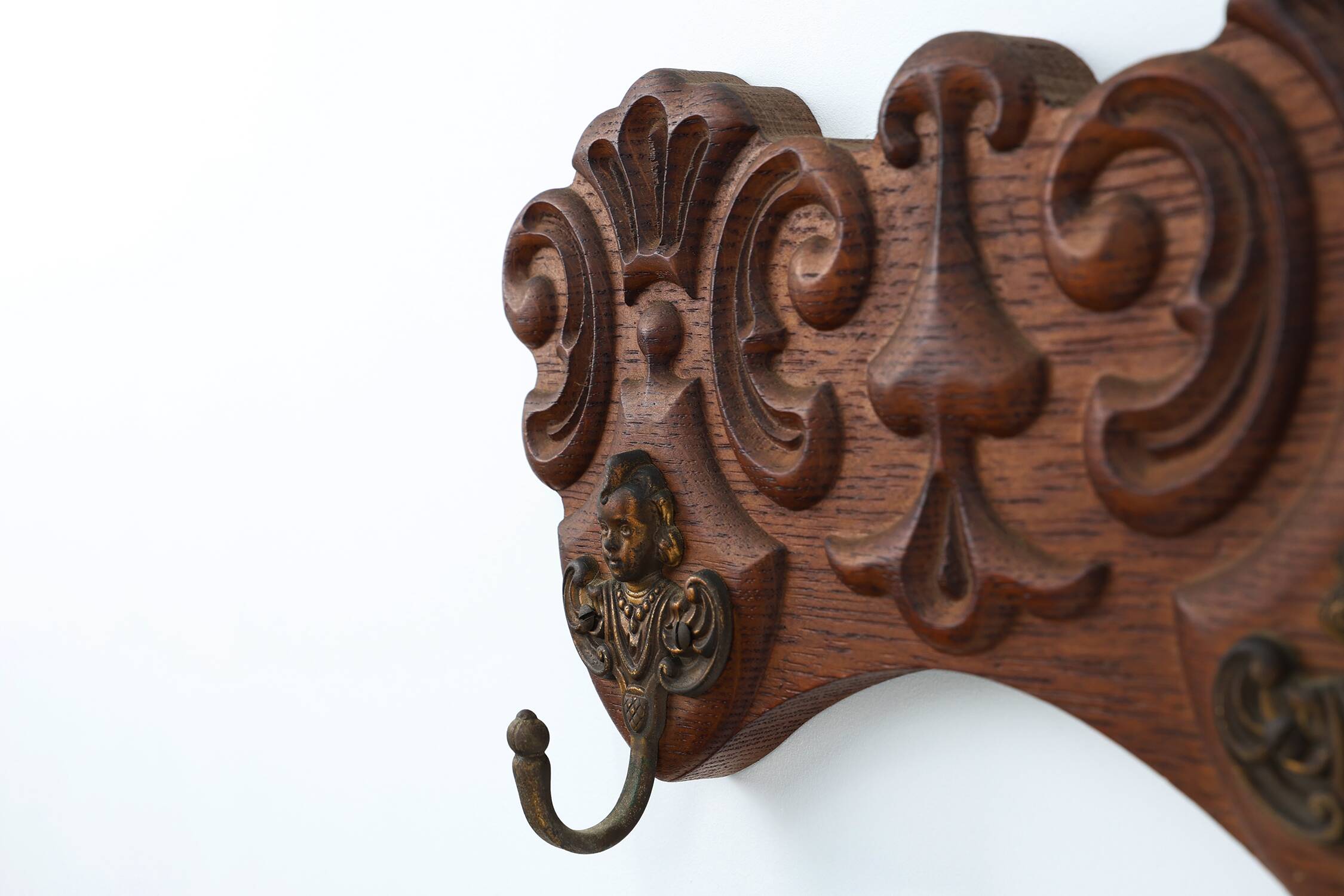 Antique Carved oak Wall mount coat rack with 3 brass angel hooks, France
