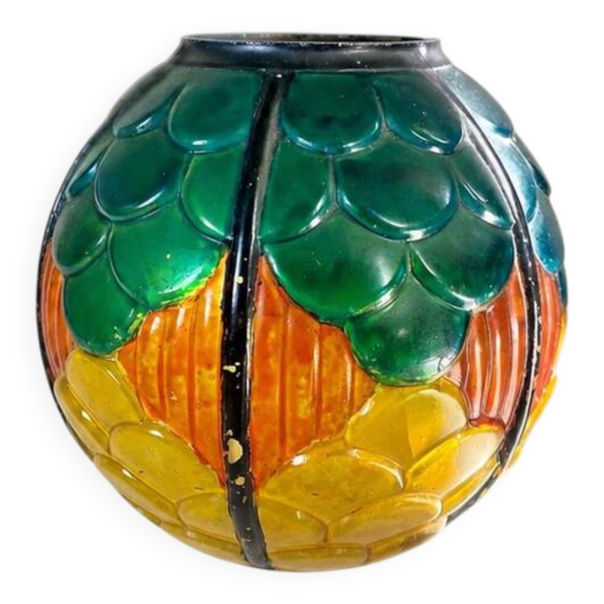 Small round Art Deco vase in painted glass.