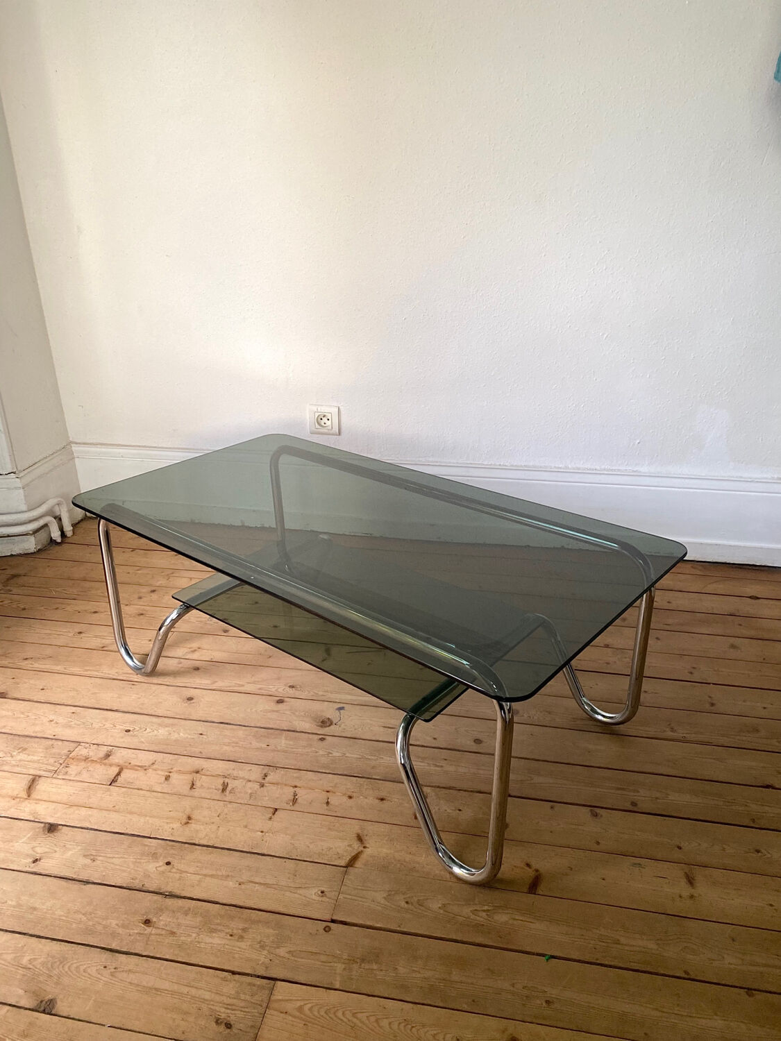 Tubular frame smoked glass coffee table 1970 vintage