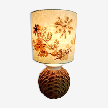 Lampe herbier socle céramique et rotin