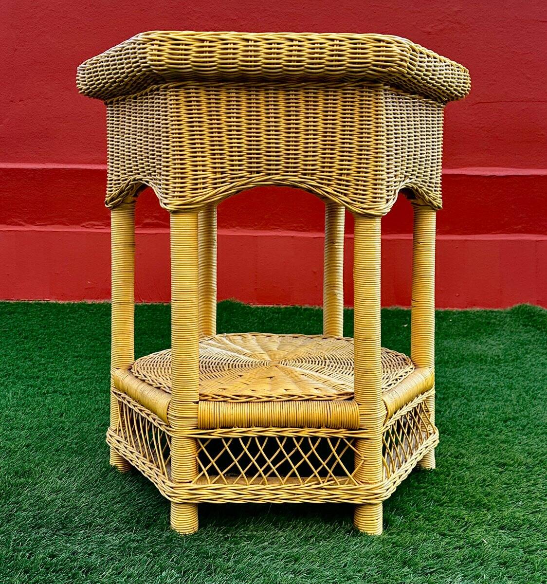 Vintage hexagonal rattan side table with original label, 1980.