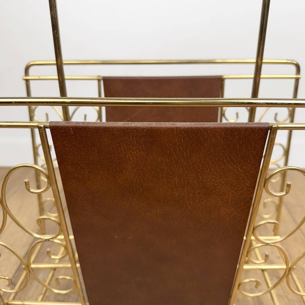 1960s faux leather and brass magazine rack