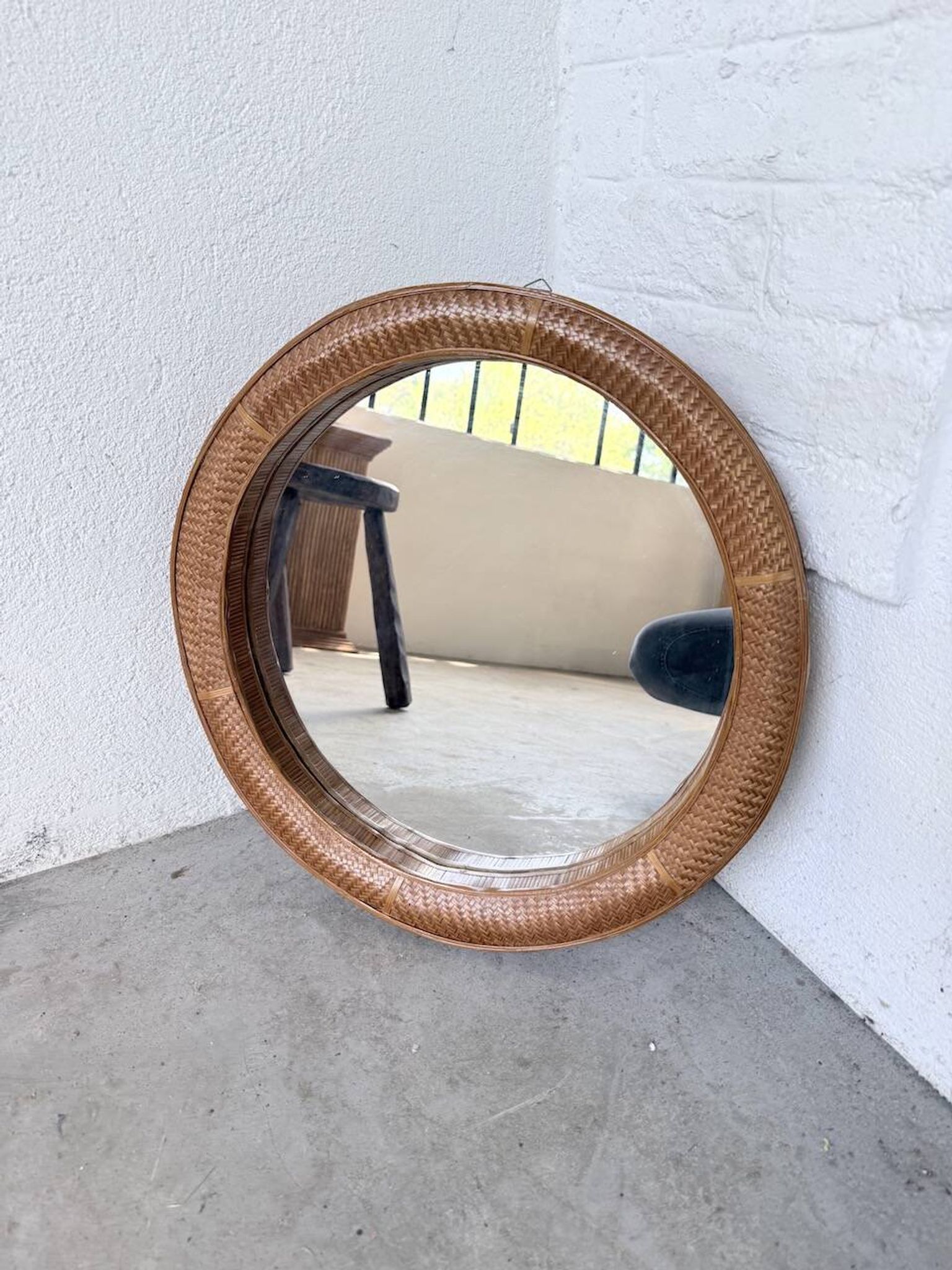 Woven wicker round mirror 1960
