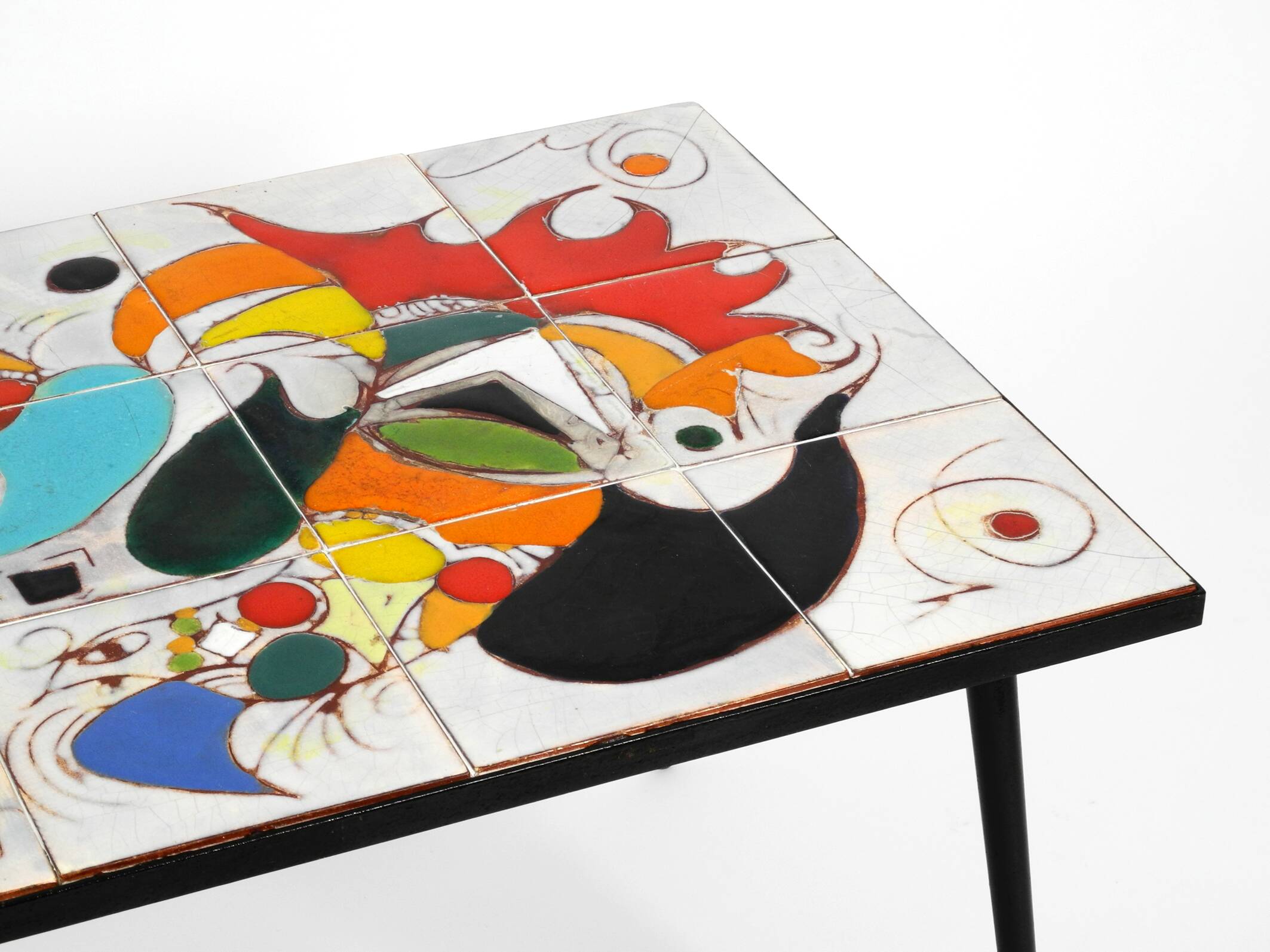 Mid Century Italian Modern Iron Table with Tiled Top and Abstract Motif