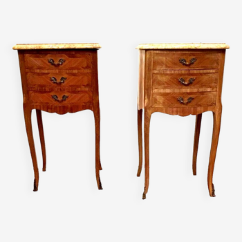 Pair of small Louis XV style chests of drawers in inlaid veneer 20th century