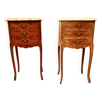Pair of small Louis XV style chests of drawers in inlaid veneer 20th century