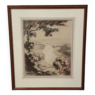 A very beautiful old drawing depicting a hilly landscape rendered in graphite.