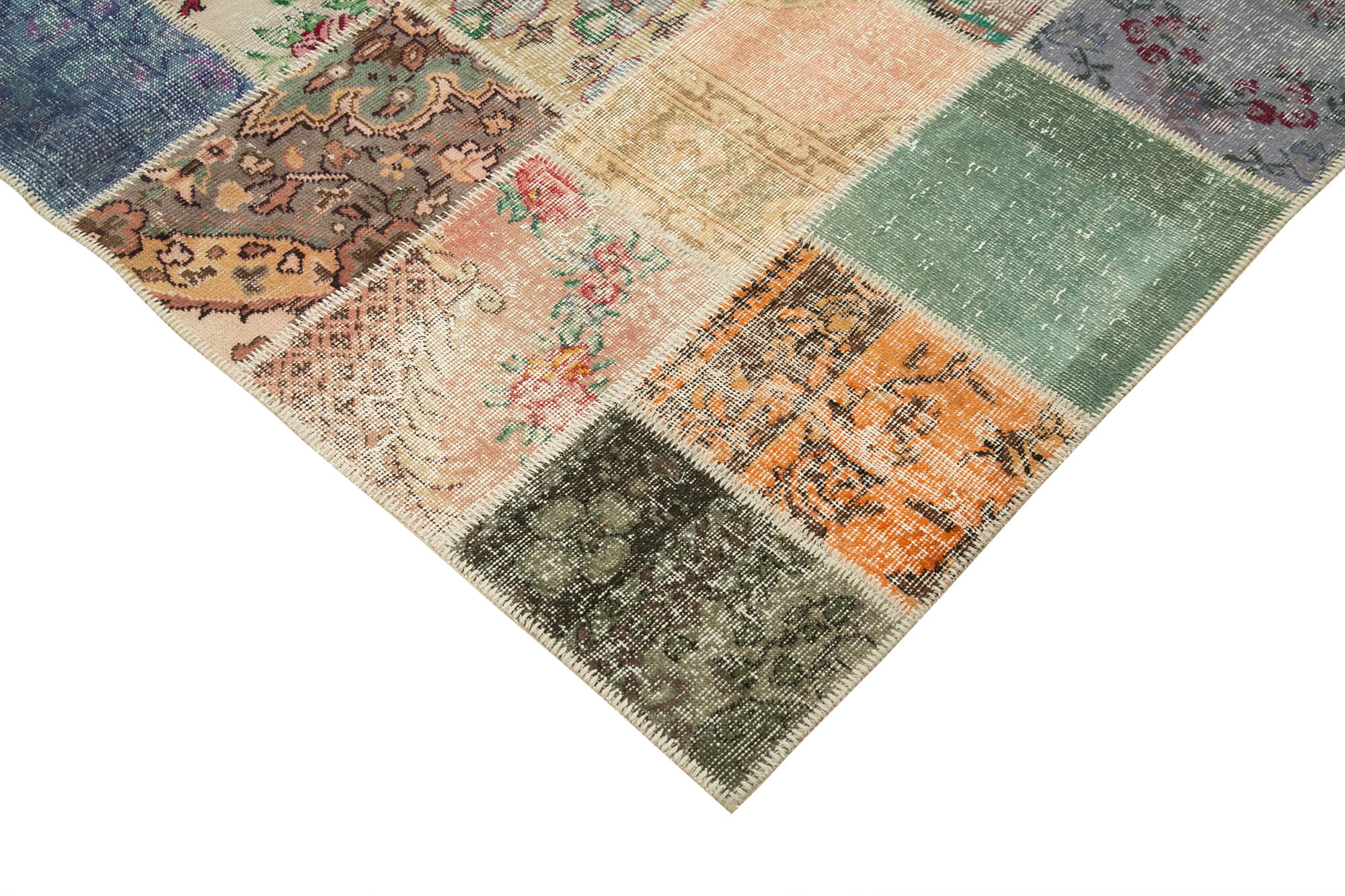 Handmade anatolian overdyed 206 cm x 297 cm multicolor patchwork carpet
