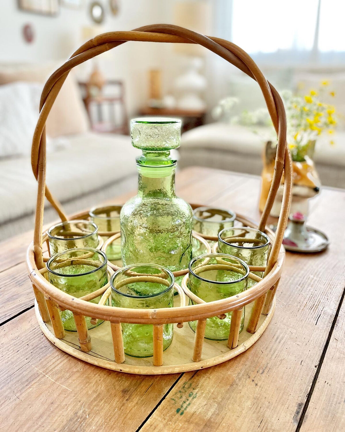 Service at orangeade vintage seventies green glass and rattan basket