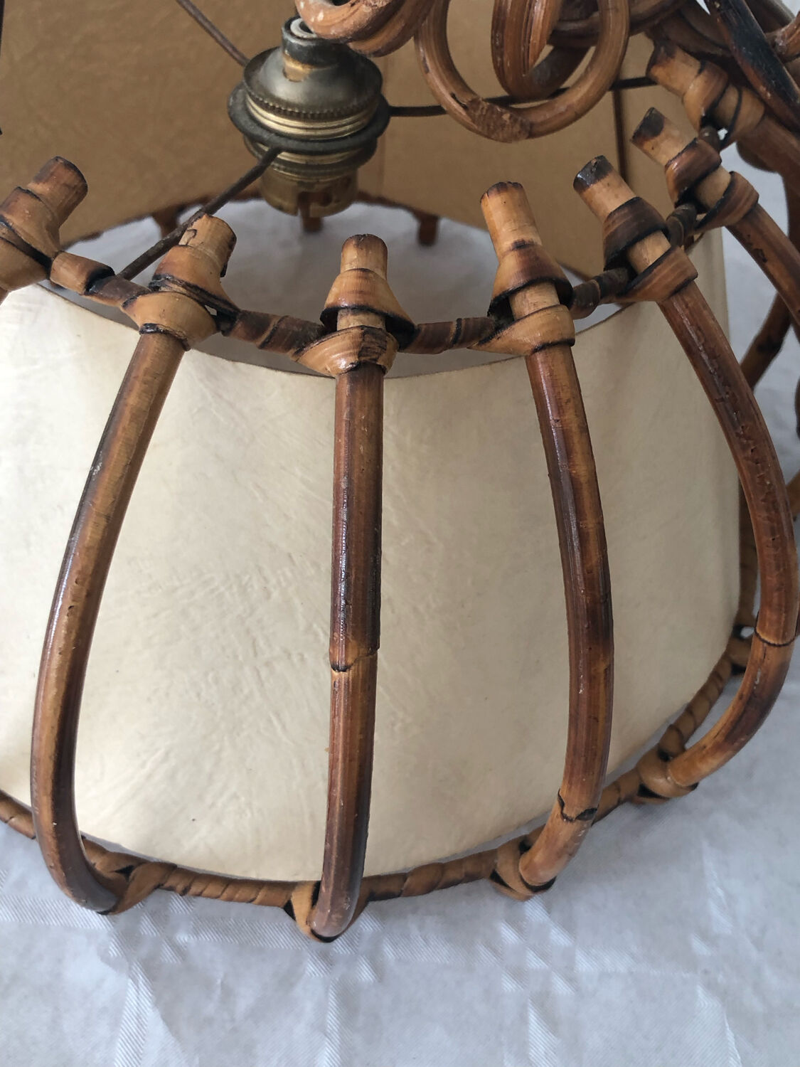 Vintage rattan pendant lamp with paper lampshade