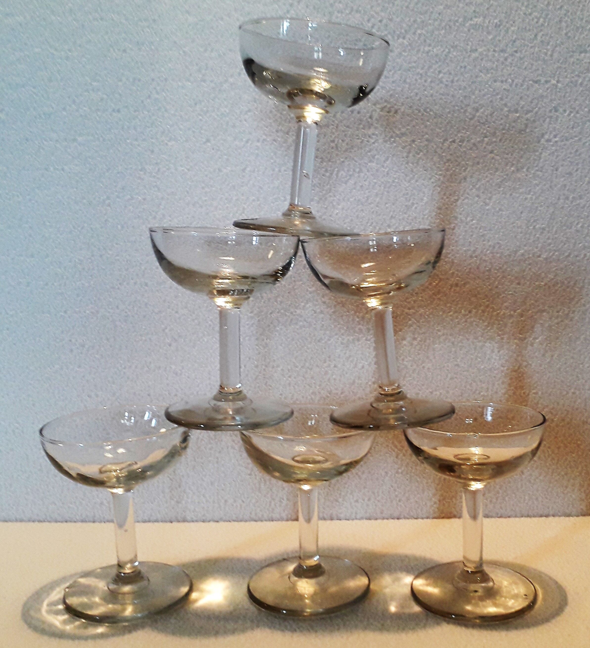 Six old blown glass champagne cups