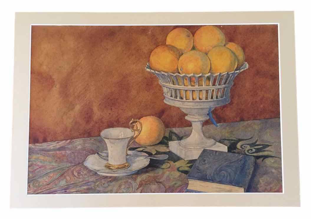 Old watercolor painting with oranges