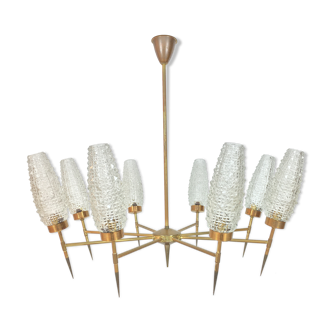 50s chandelier, 8 fires, brass and ice glass tulips