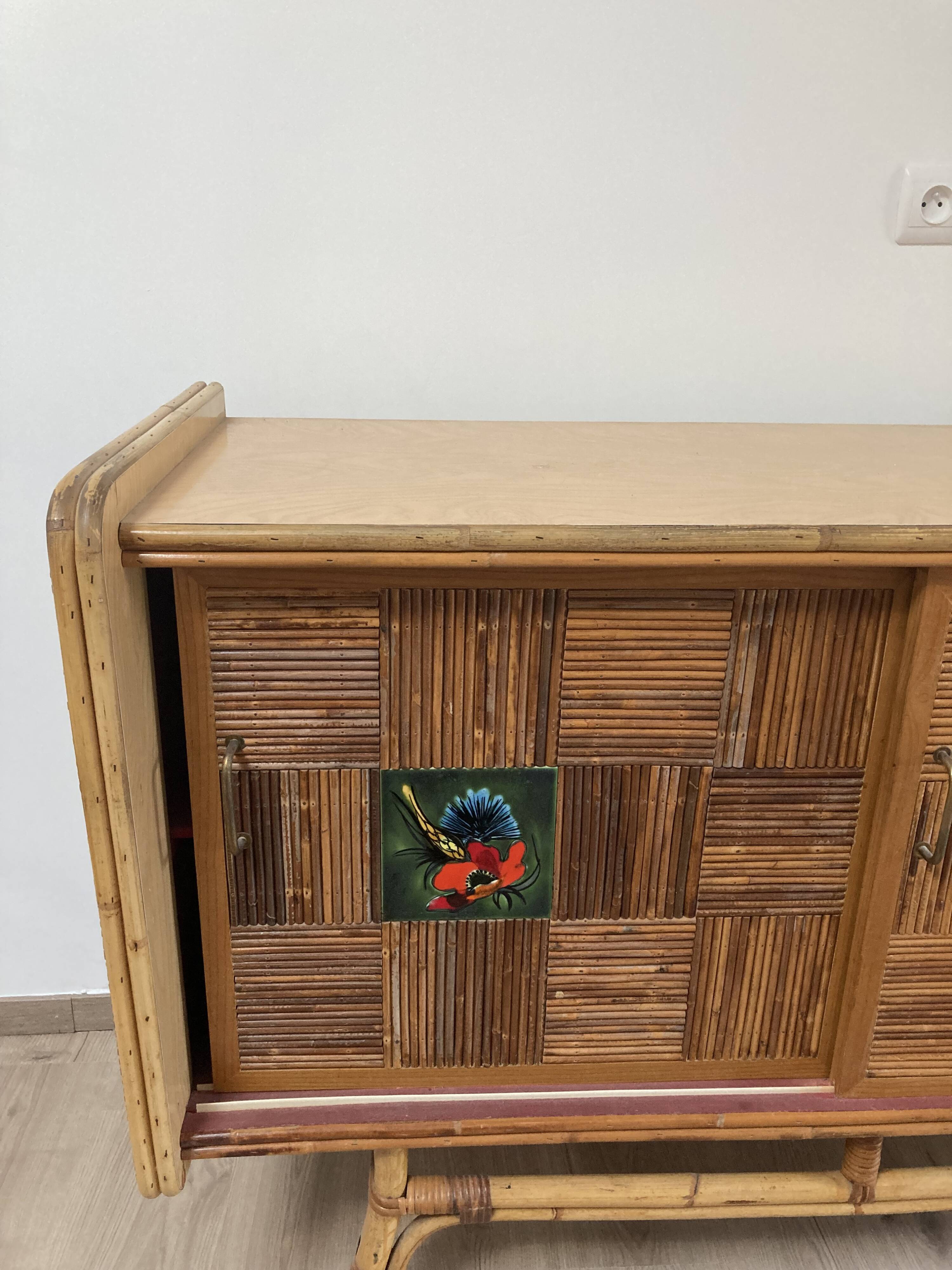 Rattan sideboard and ceramic tiles from vallauris 50s