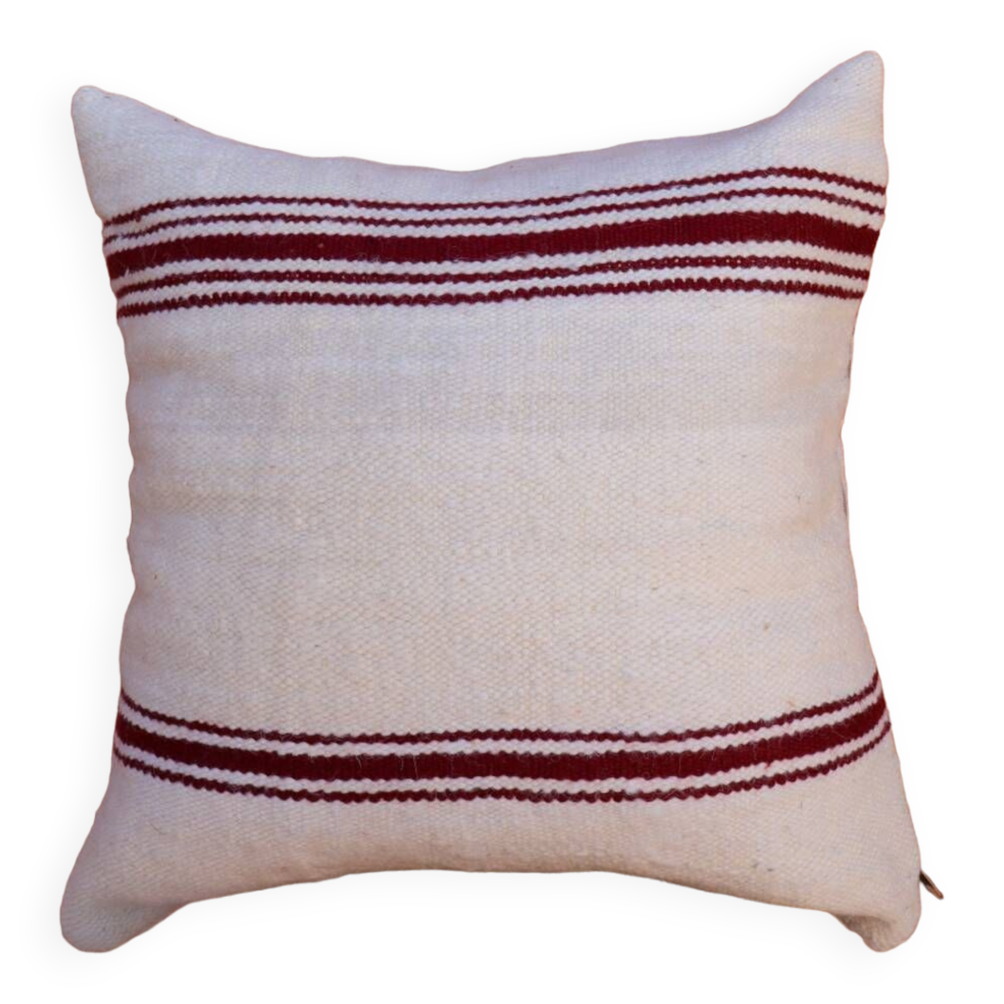 burgundy and white striped cushion in handmade wool