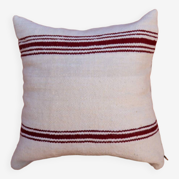 coussin rayé bordeaux et blanc en laine fait main