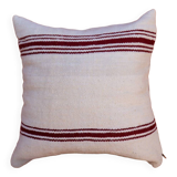 burgundy and white striped cushion in handmade wool