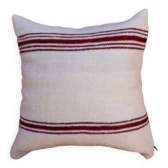 coussin rayé bordeaux et blanc en laine fait main