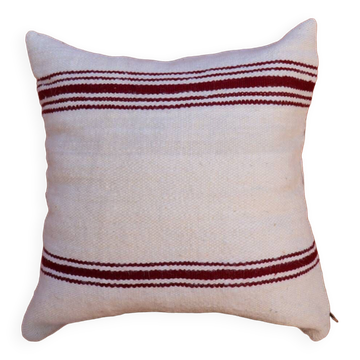 coussin rayé bordeaux et blanc en laine fait main