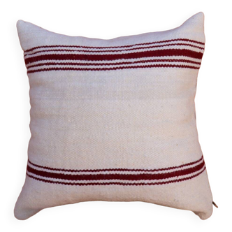 burgundy and white striped cushion in handmade wool