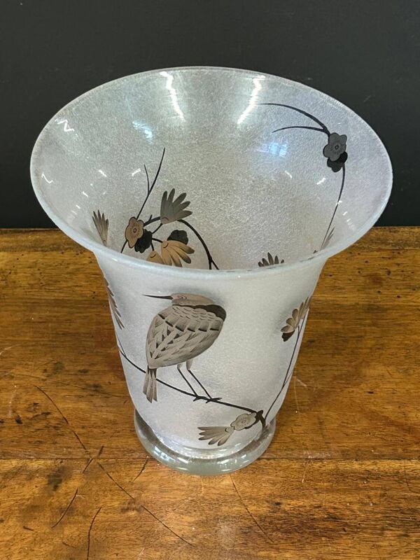 Vase Daum Nancy France - Oiseau Branché Réserve a l’acide rehaussé d’émail noir