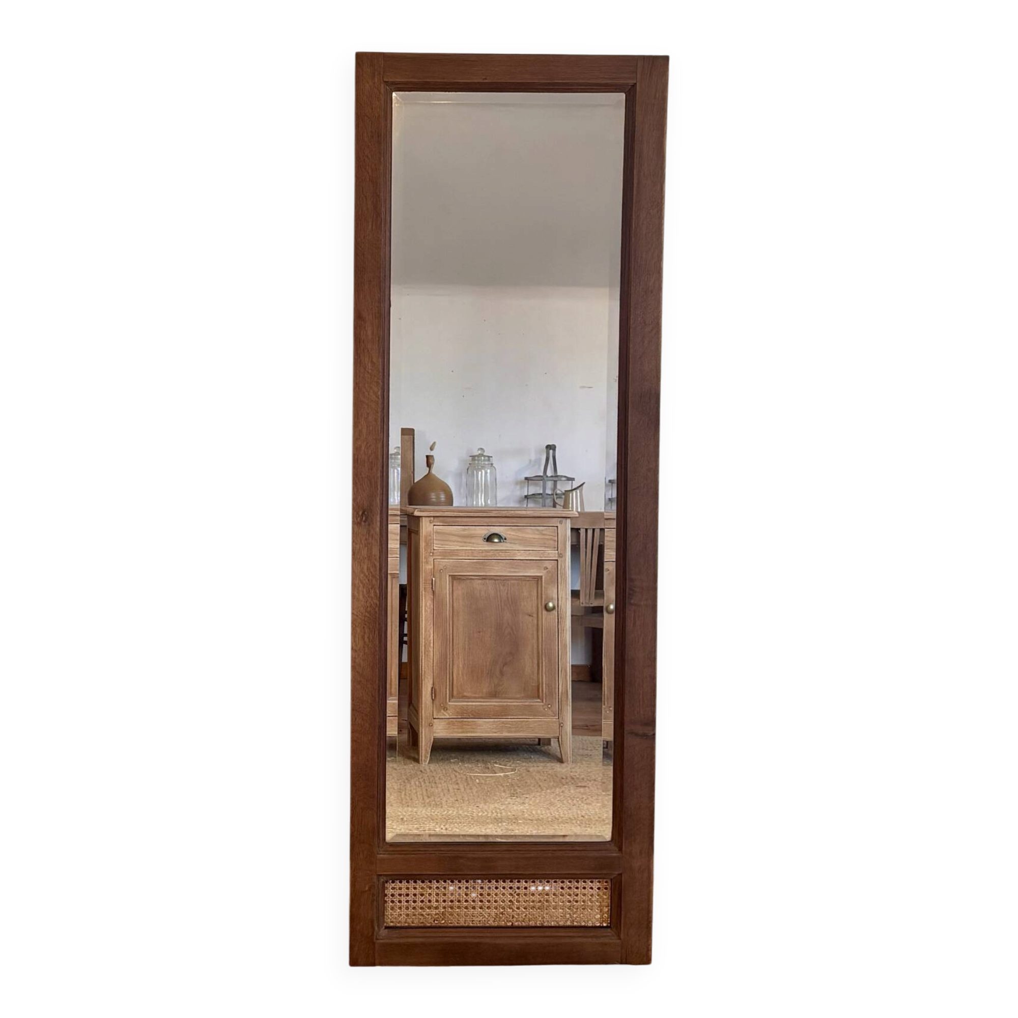 Grand miroir ancien en chêne massif brut et cannage 