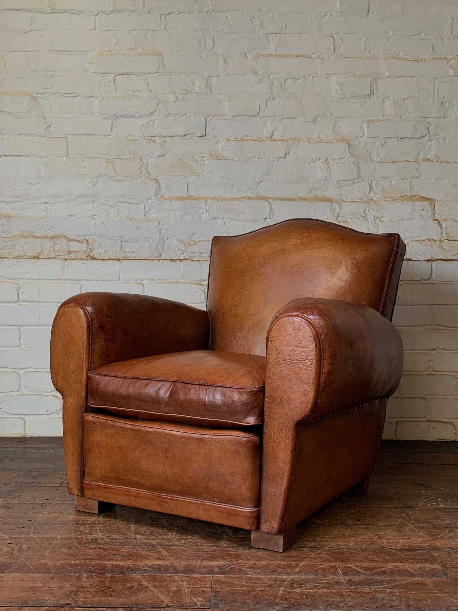French leather club chair chapeau de gendarme in caramel c 1950