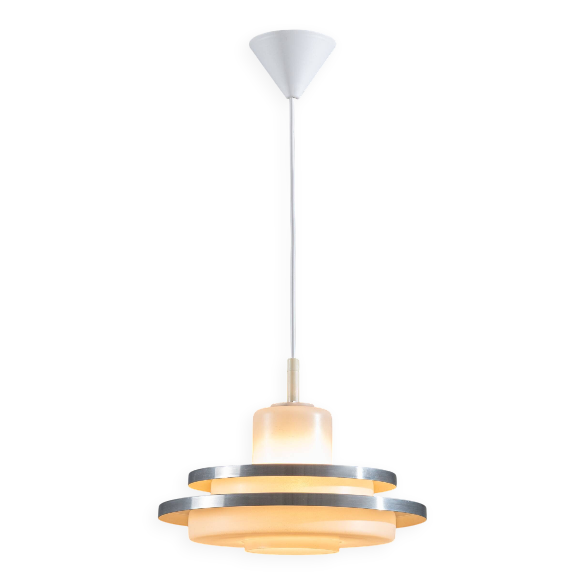 Doria pendant in opal glass with decorative aluminium discs