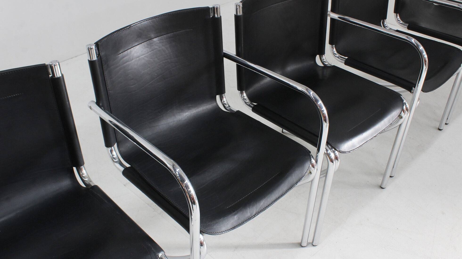 Giotto Stoppino black leather and chrome vintage dining chairs model Jot