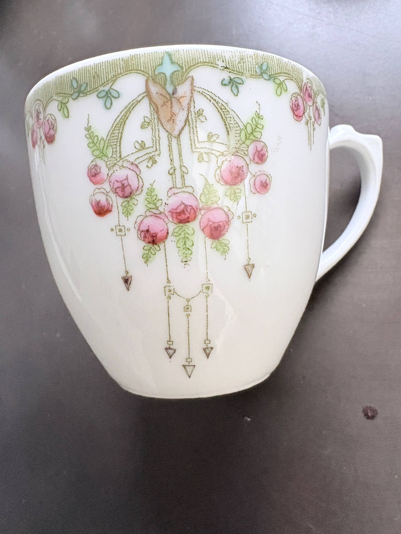 Service of 6 Fine Porcelain Cups with Art Nouveau Rose Decoration