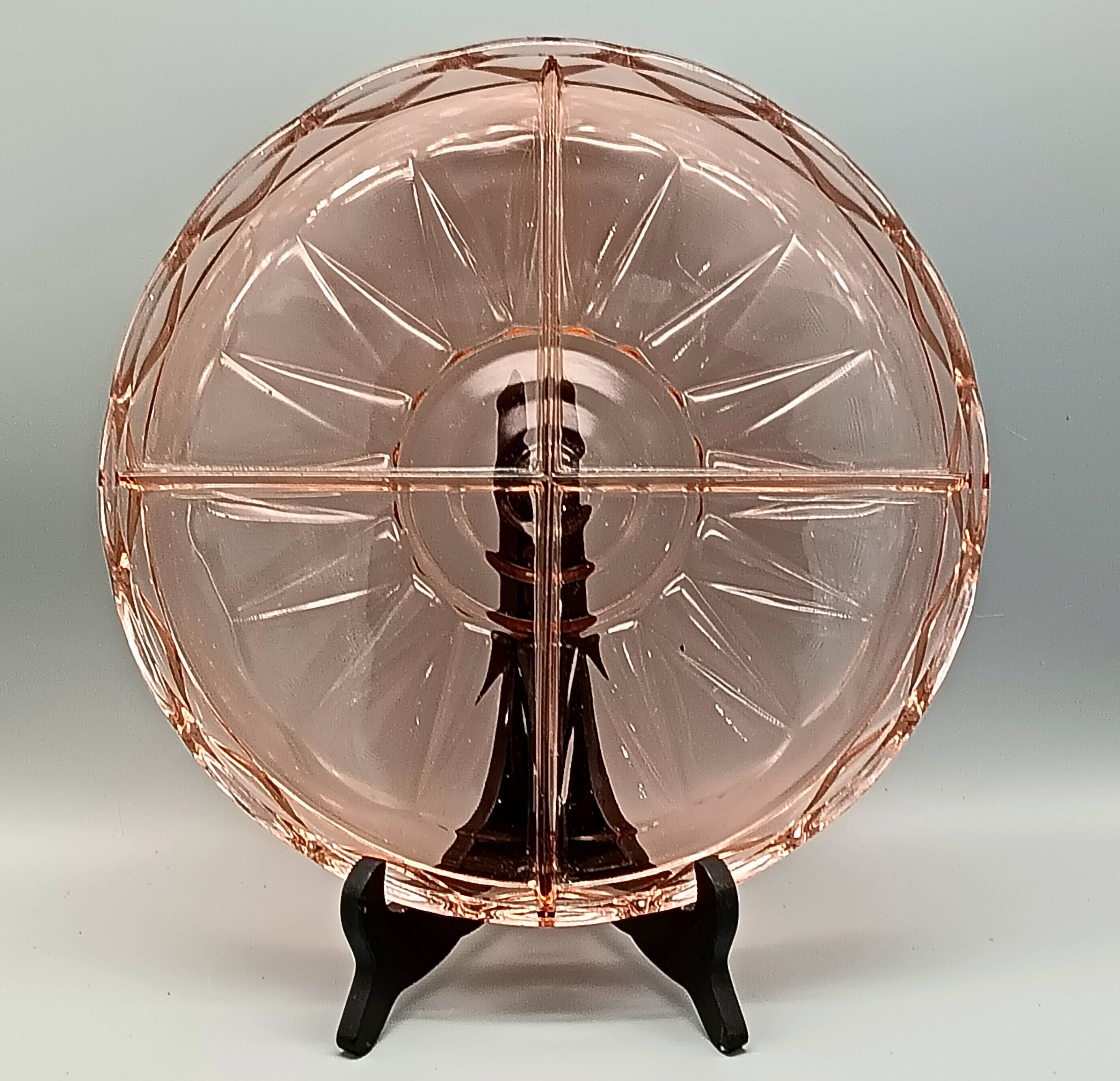 Beautiful pink dish with 4 compartments in vintage pressed glass