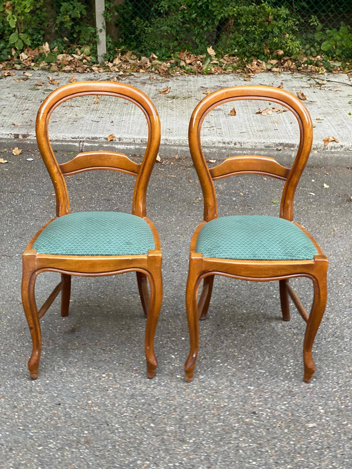 2 Louis Philippe chairs in solid curved wood and embroidered blue-green fabric