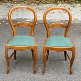 2 Louis Philippe chairs in solid curved wood and embroidered blue-green fabric