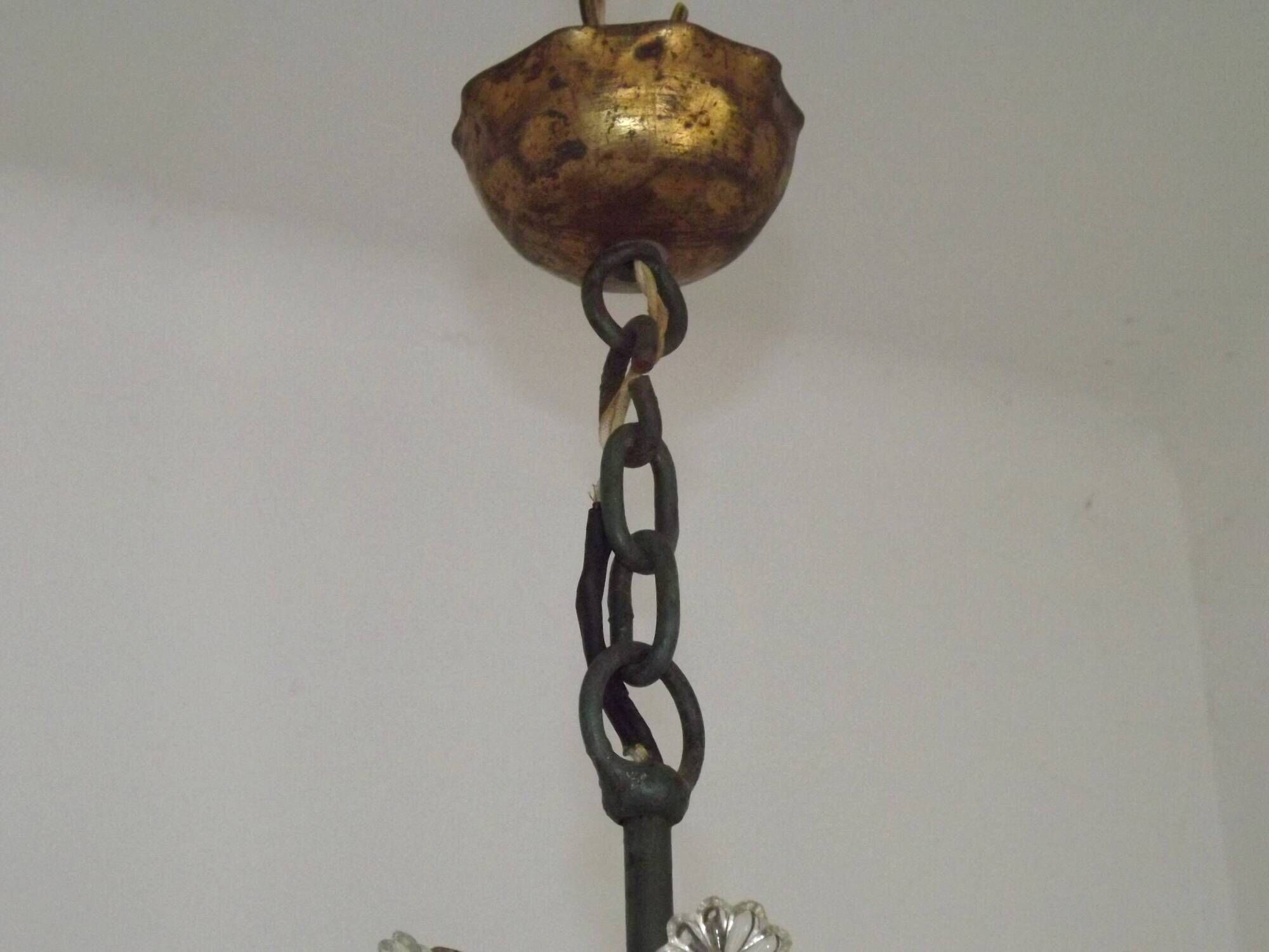 French Art Deco 6-Light Green Finish Bronze Crystal & Glass Chandelier 5343