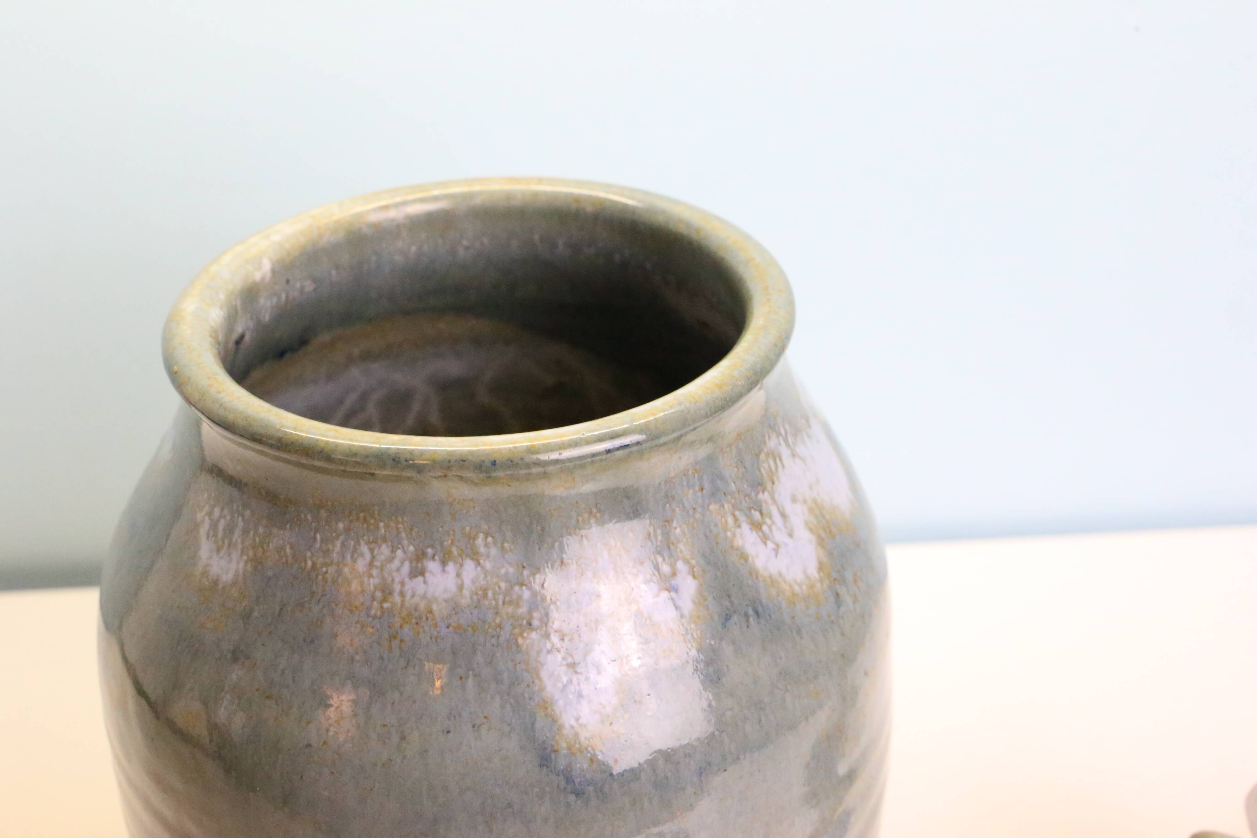 Large enamelled stoneware pot, Taizé pottery, blue and beige, vintage
