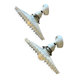 Pair of serrated opaline and porcelain sconces