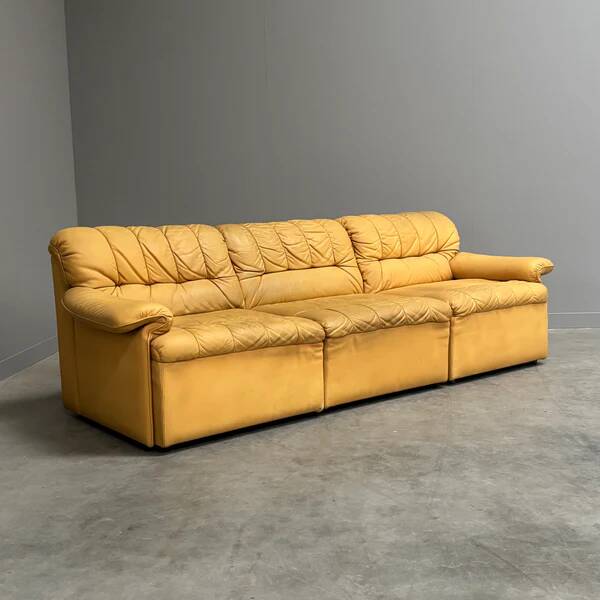 Yellow leather lounge sofa by Laauser, 1970s