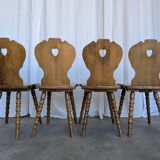 Set of 4 Vintage Tyrolean Heart Cutout Wooden Dining Chairs