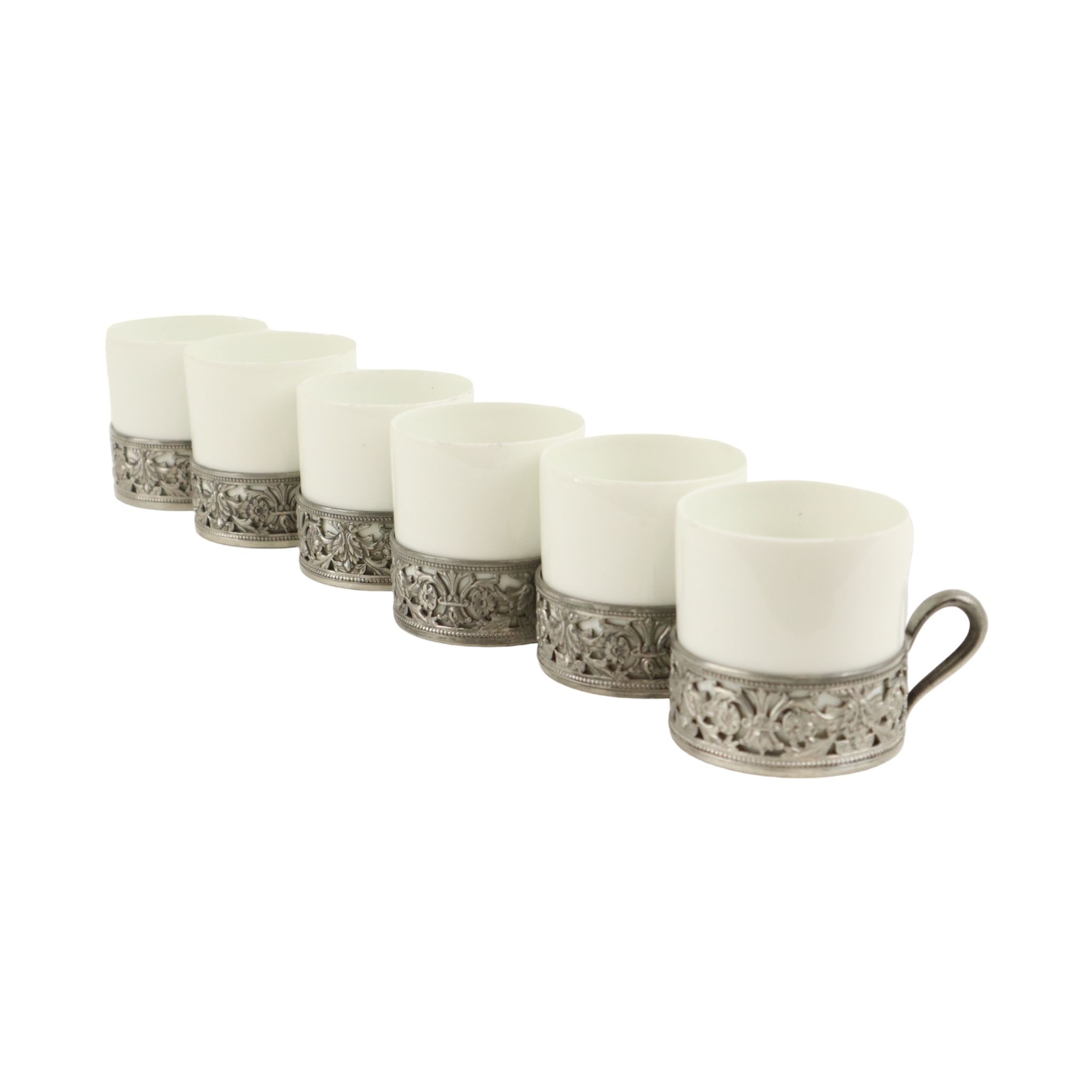 Vintage Set of 6 Pewter Cup Holders with Limoges Porcelain Cups