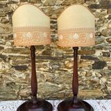 Pair of large retro lamps with wooden column base 72 cm